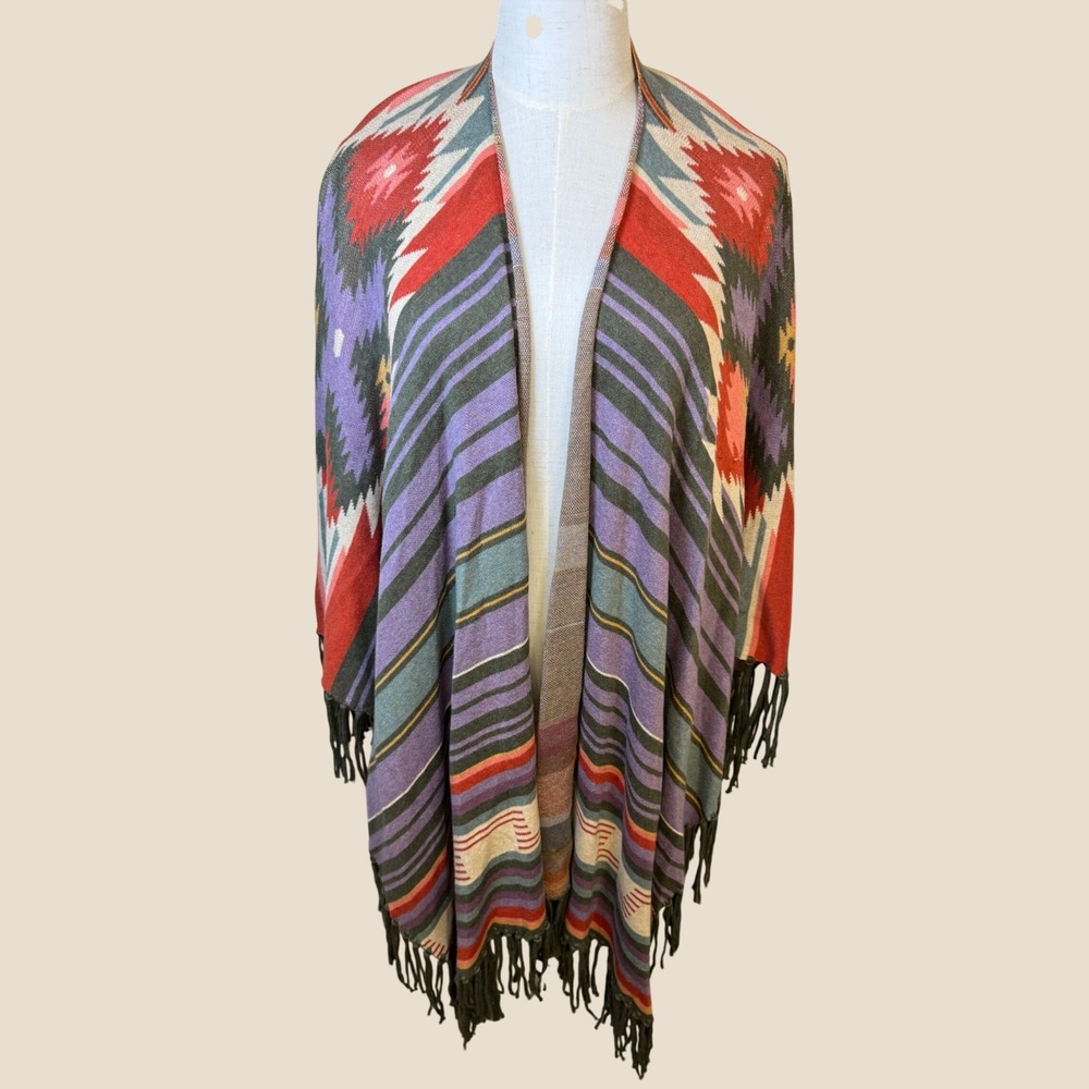 Tasha Polizzi Collection Southwestern Cotton Knit Fringe Poncho Wrap One Size